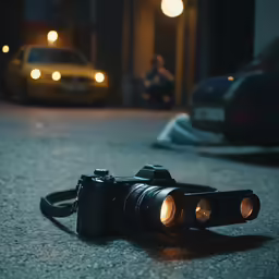 two cameras sitting on the street during night time