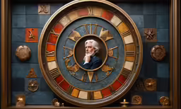 a clock with a man in a blue suit and a large glass dial