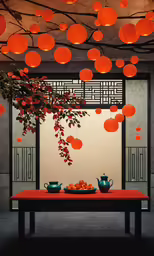a table with orange paper lanterns hanging from it