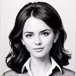 an black and white photo of a woman in shirt