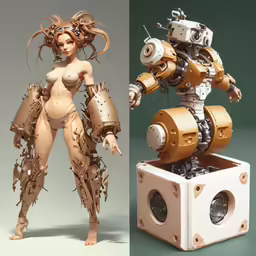 the robot woman is standing near a robotic sculpture