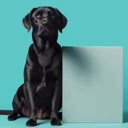 a dog poses next to a blank sign
