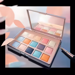 a powdered eye shadow and eye pencil on a table with a brush