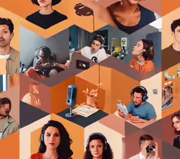 various people in the same style with one using a headphones,several images of people sitting at a table with microphones