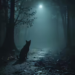a cat is sitting in the dark woods