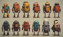 several robot toy set standing in different colors