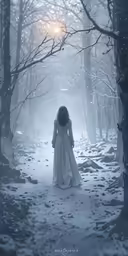 a young woman dressed in white stands alone in a snowy forest