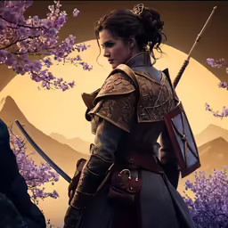 a woman in a dress holding a sword and standing on a hill with blossom trees