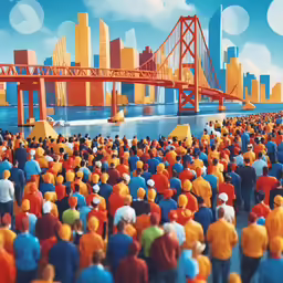people are standing by the water as the city is painted with orange and yellow