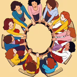 a group of people putting their hands together in a circle,many people joining the entire circle