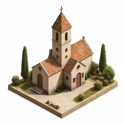 an old church with a brown roof and red brick on top