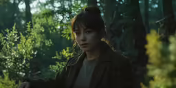 the girl standing in front of the forest