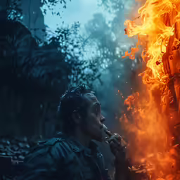 man holding something in his hand near a fire