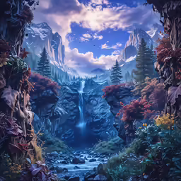 a scenic painting depicts mountains, water and clouds