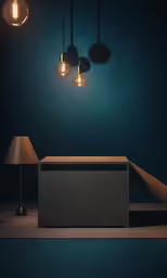 the lamp is lit up next to the bed