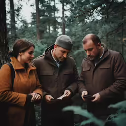 three people look at something in their hands