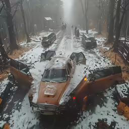 a car in a pile of snow on a road with a truck and trees