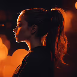 a woman with a ponytail in front of bright lights,a woman