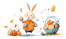 the rabbit is standing near an orange basket with halloween candy