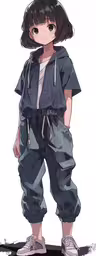 an anime character wearing grey pants, black top and white shoes,a young person with dark hair and black outfit standing