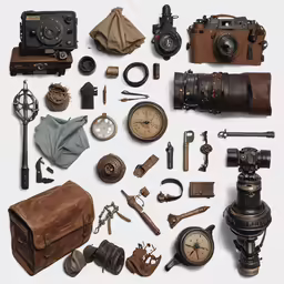 many objects including a brown bag, a leather case, a compass, old cameras and some other items