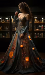 a woman in a long dress with lights around her