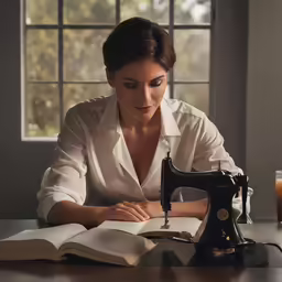 a woman is working on a sewing machine in front of an open book