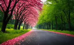 a view down a tree lined street with pink flowers on trees