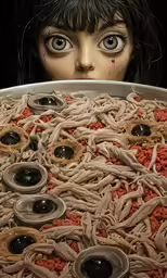 a large pan of noodles sitting next to a creepy girl