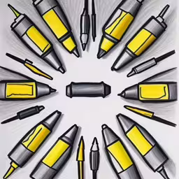 a circle of various pens arranged in the shape of a circular,a drawing of many pens arranged in a circle,drawing - pens arranged in a circle on white paper,a pencil drawing of different types of markers,a drawing of yellow and black pens in a circle