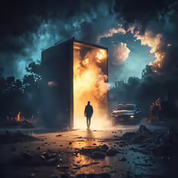 the man is walking towards a huge structure with fireworks