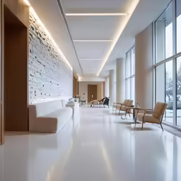 a long hallway with chairs and couches next to large windows