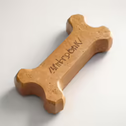 the large brown bone with a black font on it