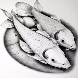two fish are on top of the bowl and are facing different directions