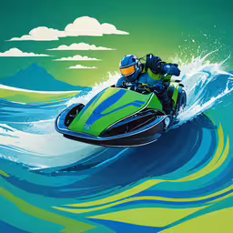 this painting of a person riding on top of a green jet ski,a green and black jet ski in a wave