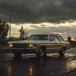 the station wagon parked at sunset on a cloudy day