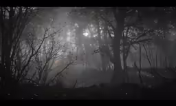 fog covered trees and grass on a night