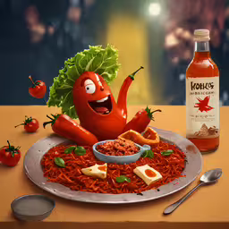 a plate of noodles has ketchup, tomatoes and lettuce,a plate filled with food and vegetables sitting on a table next to a bottle of ketchup