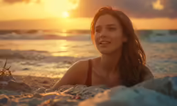 a girl laying down on the beach at sunset