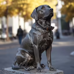 a gray dog is sitting on a curb
