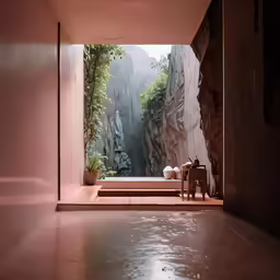 a living area with a wooden table and a bench with an open doorway