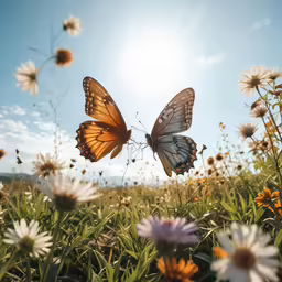 the butterflies are flying over flowers in a field
