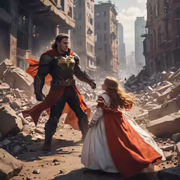 a man and woman walking through a rubble city