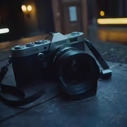 the camera is laying on the ground outside