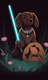 a brown dog holding a light saber in his hand