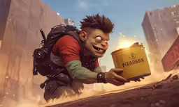 an angry, silly character carrying a can of kfc golden in his hands