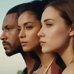 four people wearing headphones looking at something