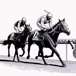 two horses are racing down the track next to each other,three jockeys are competing on their horses