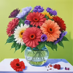 a painting of colorful flowers in a glass vase