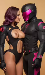 a beautiful woman in black and pink uniform posing next to an extremely fit man